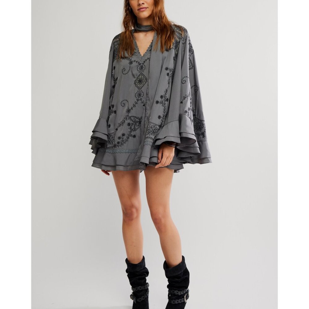 Free People Gray Embroidered Ruffle Mini Dress - Picture 2 of 11